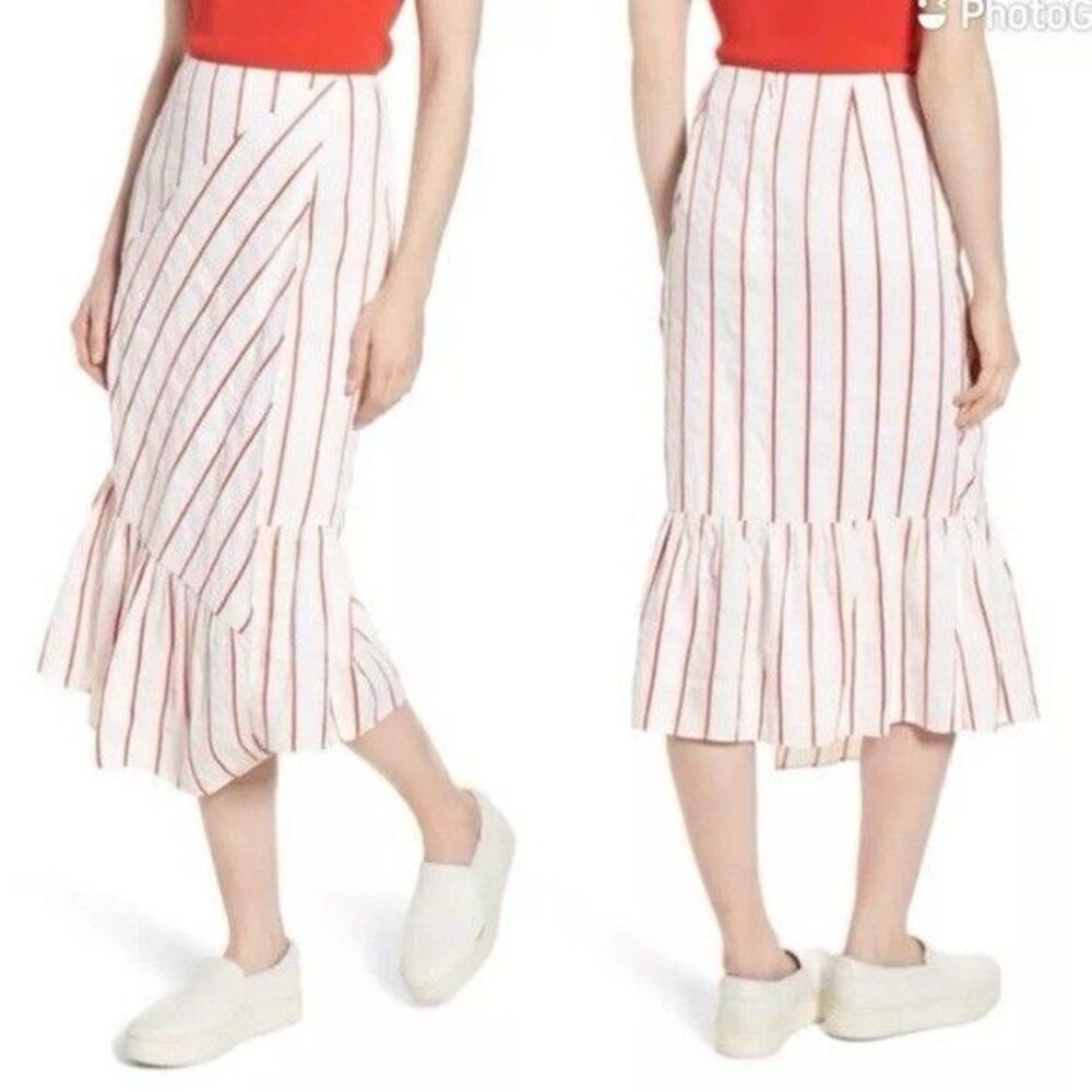 LEWIT Size 14 FAUX WRAP RED POPPY KIEV STRIPE LINEN BLEND ASYMMETRICAL SKIRT